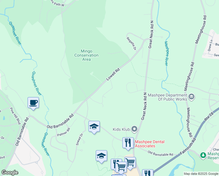map of restaurants, bars, coffee shops, grocery stores, and more near 174 Lowell Road in Mashpee