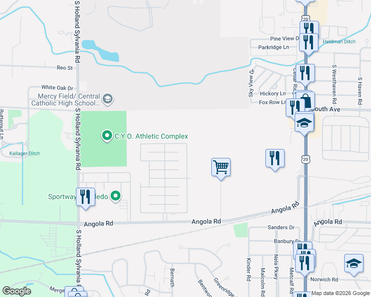 map of restaurants, bars, coffee shops, grocery stores, and more near Bluegrass Street in Toledo