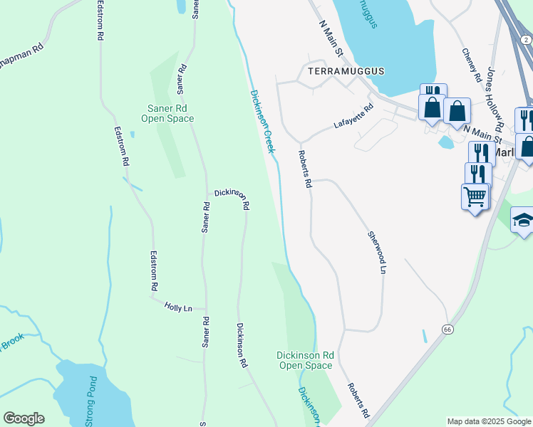 map of restaurants, bars, coffee shops, grocery stores, and more near 104 Dickinson Road in Marlborough