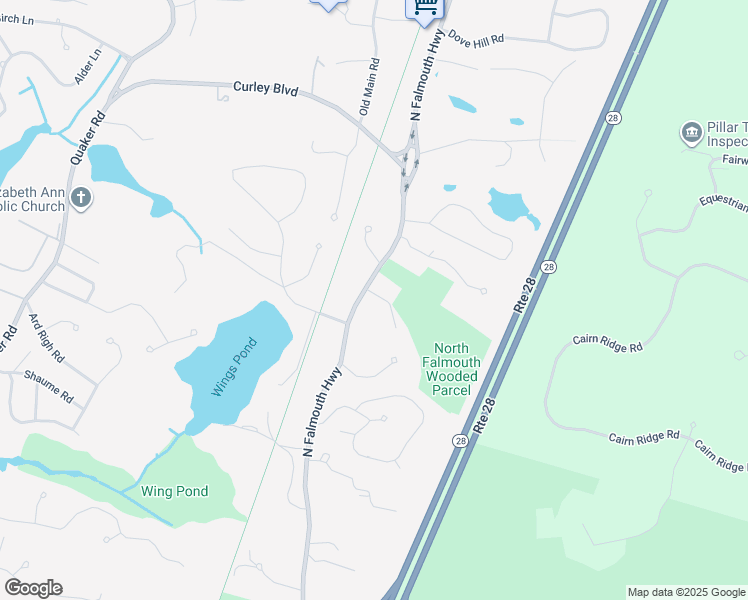 map of restaurants, bars, coffee shops, grocery stores, and more near 195 North Falmouth Highway in Falmouth