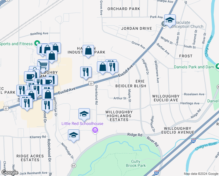 map of restaurants, bars, coffee shops, grocery stores, and more near 37347 Arthur Street in Willoughby