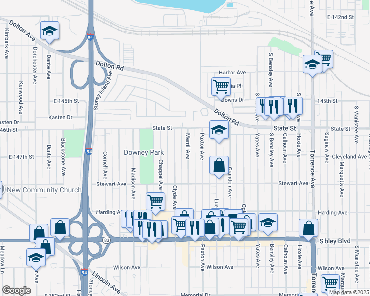 map of restaurants, bars, coffee shops, grocery stores, and more near 325 Merrill Avenue in Calumet City