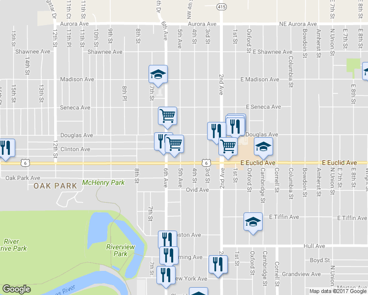 map of restaurants, bars, coffee shops, grocery stores, and more near 401 Euclid Avenue in Des Moines
