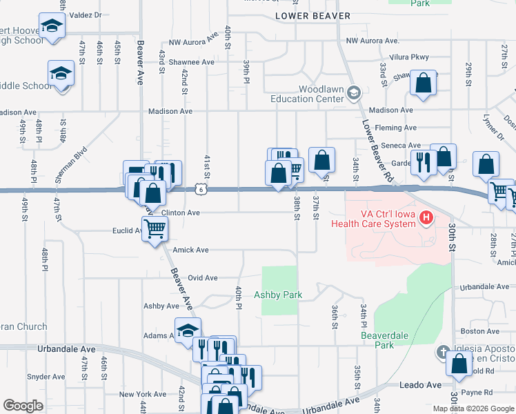 map of restaurants, bars, coffee shops, grocery stores, and more near 3916 Clinton Avenue in Des Moines