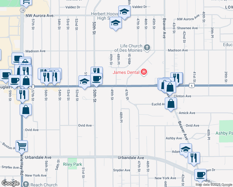 map of restaurants, bars, coffee shops, grocery stores, and more near 3616 48th Place in Des Moines
