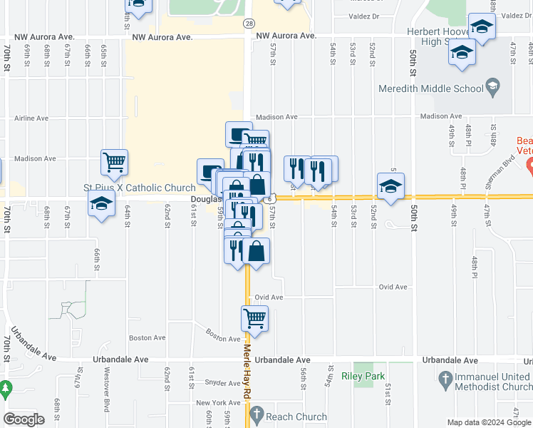 map of restaurants, bars, coffee shops, grocery stores, and more near 3619 57th Street in Des Moines