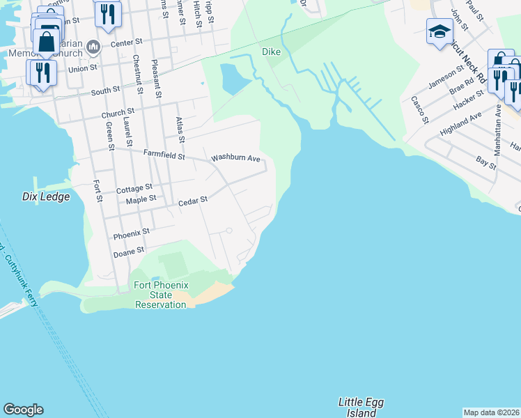 map of restaurants, bars, coffee shops, grocery stores, and more near Baker Avenue in Fairhaven