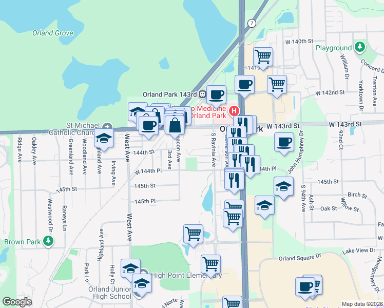 map of restaurants, bars, coffee shops, grocery stores, and more near 9740 Ravinia Court in Orland Park