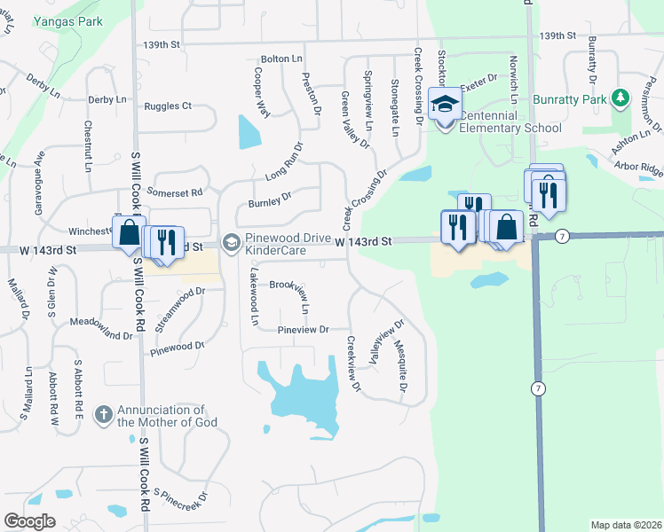 map of restaurants, bars, coffee shops, grocery stores, and more near 14344 Creek Crossing Drive in Orland Park