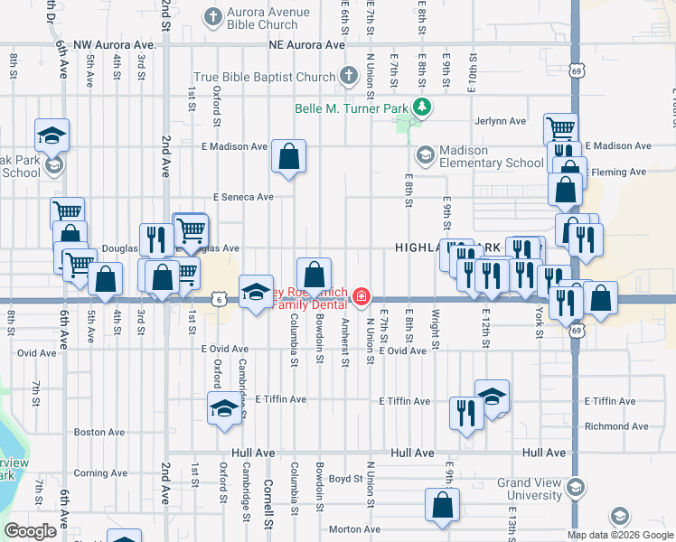 map of restaurants, bars, coffee shops, grocery stores, and more near 514 East Euclid Avenue in Des Moines