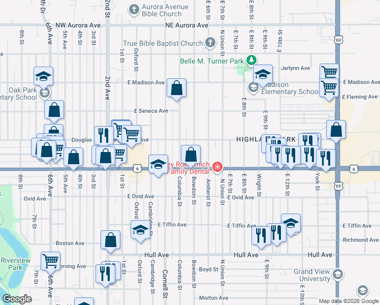 map of restaurants, bars, coffee shops, grocery stores, and more near 3607 Columbia Street in Des Moines