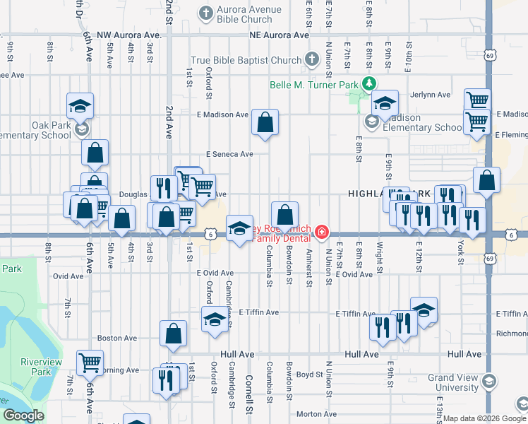 map of restaurants, bars, coffee shops, grocery stores, and more near 3607 Columbia Street in Des Moines