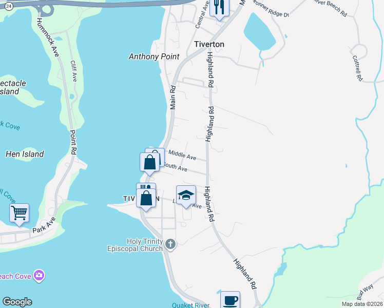 map of restaurants, bars, coffee shops, grocery stores, and more near 68 South Avenue in Tiverton