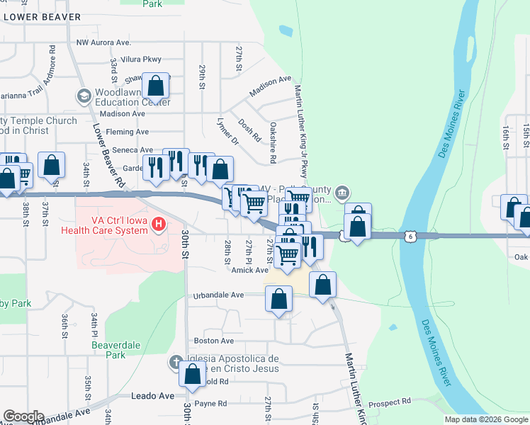 map of restaurants, bars, coffee shops, grocery stores, and more near 2713 Euclid Avenue in Des Moines