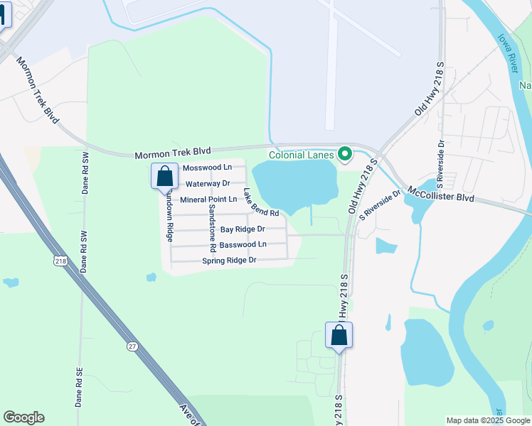 map of restaurants, bars, coffee shops, grocery stores, and more near Lake Bend Road in Iowa City