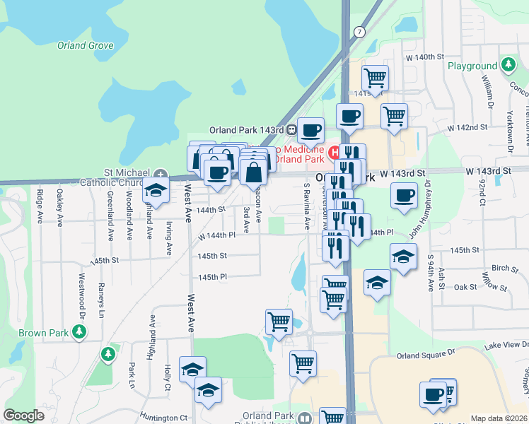 map of restaurants, bars, coffee shops, grocery stores, and more near 9830 West 144th Place in Orland Park