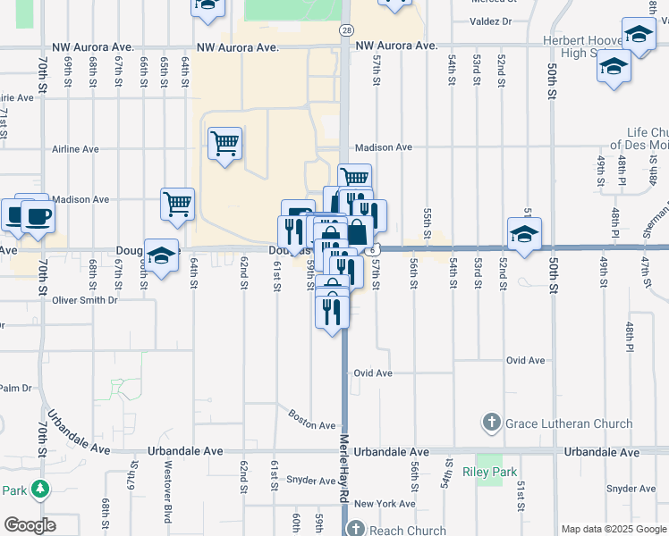 map of restaurants, bars, coffee shops, grocery stores, and more near 3708 Merle Hay Road in Des Moines