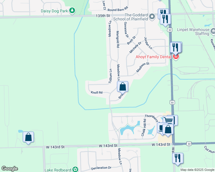 map of restaurants, bars, coffee shops, grocery stores, and more near 25200 Knoll Road in Plainfield