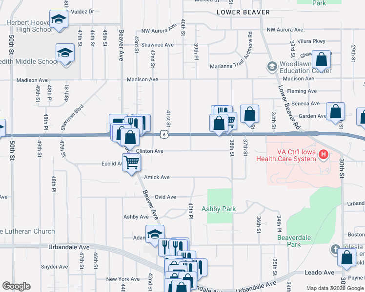 map of restaurants, bars, coffee shops, grocery stores, and more near 3950 Clinton Avenue in Des Moines
