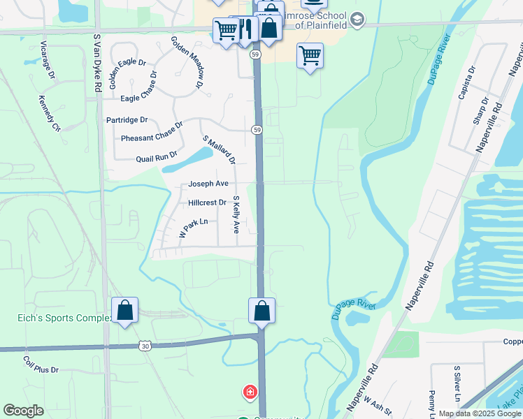 map of restaurants, bars, coffee shops, grocery stores, and more near 2259 North Division Street in Plainfield