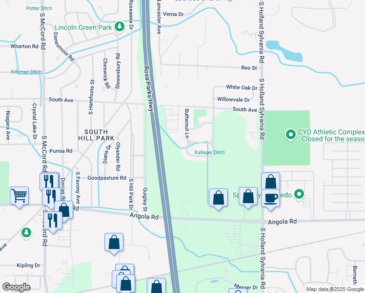 map of restaurants, bars, coffee shops, grocery stores, and more near 566 Butternut Ln in Toledo