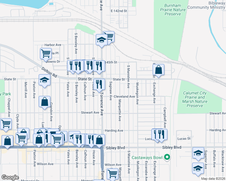 map of restaurants, bars, coffee shops, grocery stores, and more near 295 Saginaw Avenue in Calumet City