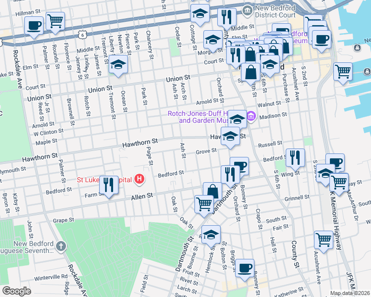 map of restaurants, bars, coffee shops, grocery stores, and more near 84 Hawthorn Street in New Bedford
