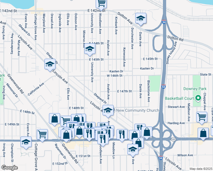 map of restaurants, bars, coffee shops, grocery stores, and more near 14628 Avalon Avenue in Dolton