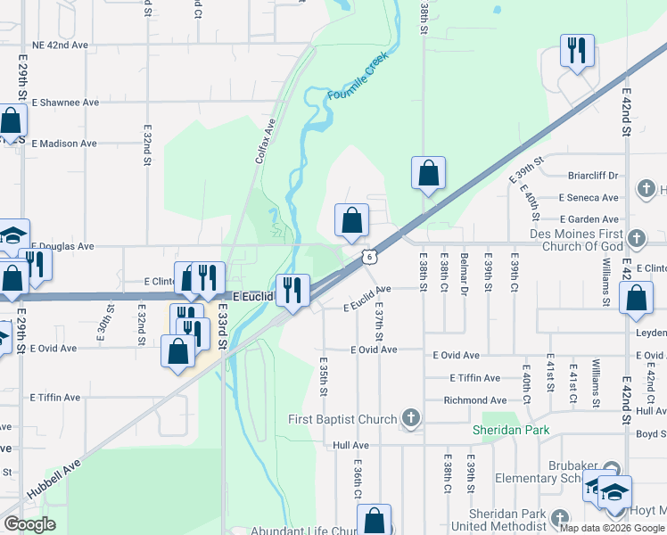map of restaurants, bars, coffee shops, grocery stores, and more near 3520 Hubbell Avenue in Des Moines
