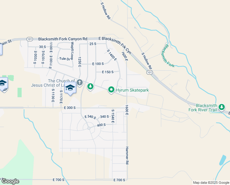 map of restaurants, bars, coffee shops, grocery stores, and more near 1400 East in Hyrum
