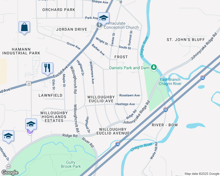 map of restaurants, bars, coffee shops, grocery stores, and more near 4706 Wood Street in Willoughby