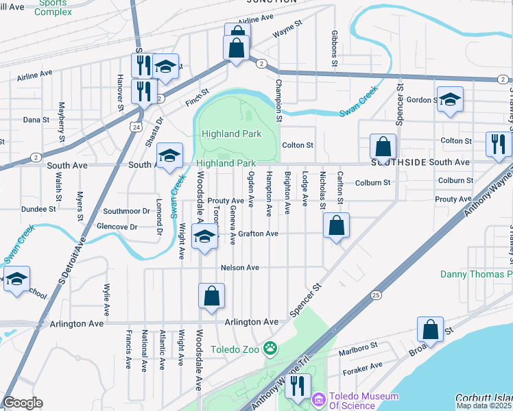 map of restaurants, bars, coffee shops, grocery stores, and more near 605 Ogden Avenue in Toledo
