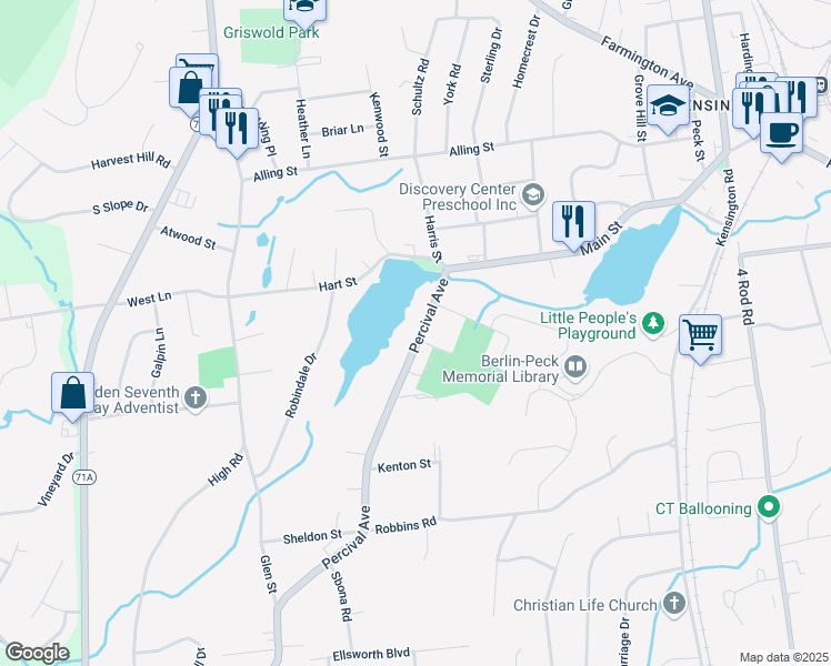 map of restaurants, bars, coffee shops, grocery stores, and more near 39 Percival Avenue in Berlin