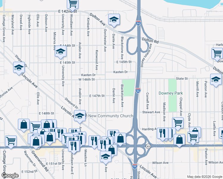 map of restaurants, bars, coffee shops, grocery stores, and more near 14609 Dante Avenue in Dolton