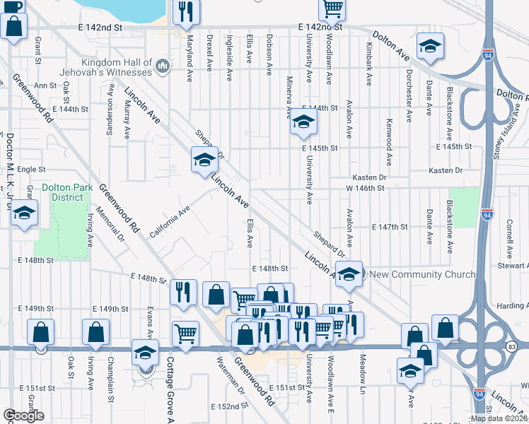 map of restaurants, bars, coffee shops, grocery stores, and more near 14602 Shepard Drive in Dolton
