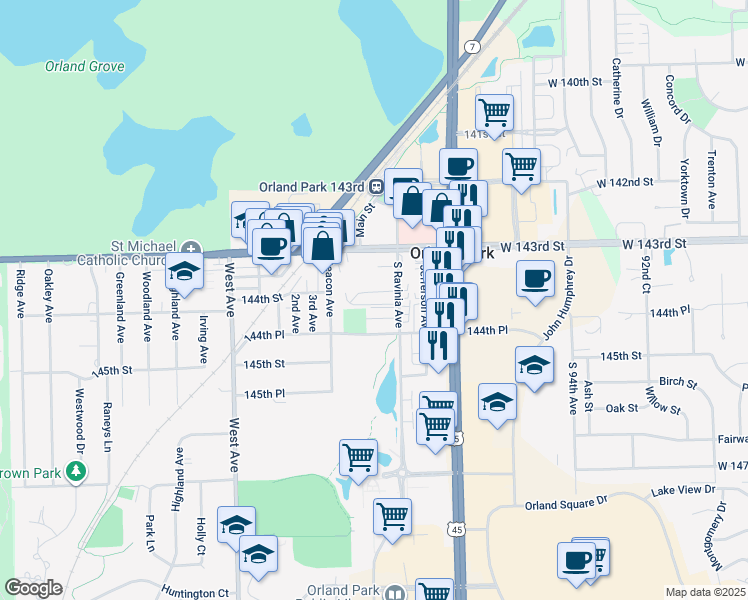 map of restaurants, bars, coffee shops, grocery stores, and more near 9744 Ravinia Lane in Orland Park