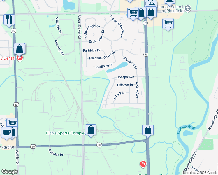 map of restaurants, bars, coffee shops, grocery stores, and more near 2324 Marybrook Drive in Plainfield