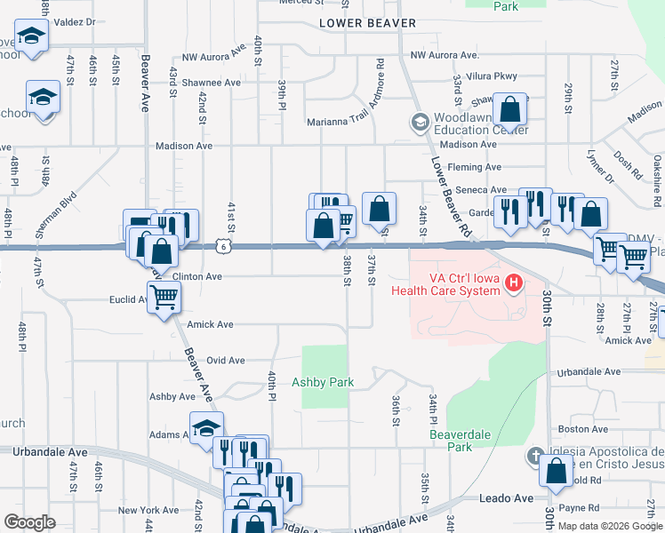 map of restaurants, bars, coffee shops, grocery stores, and more near 3818 Douglas Avenue in Des Moines
