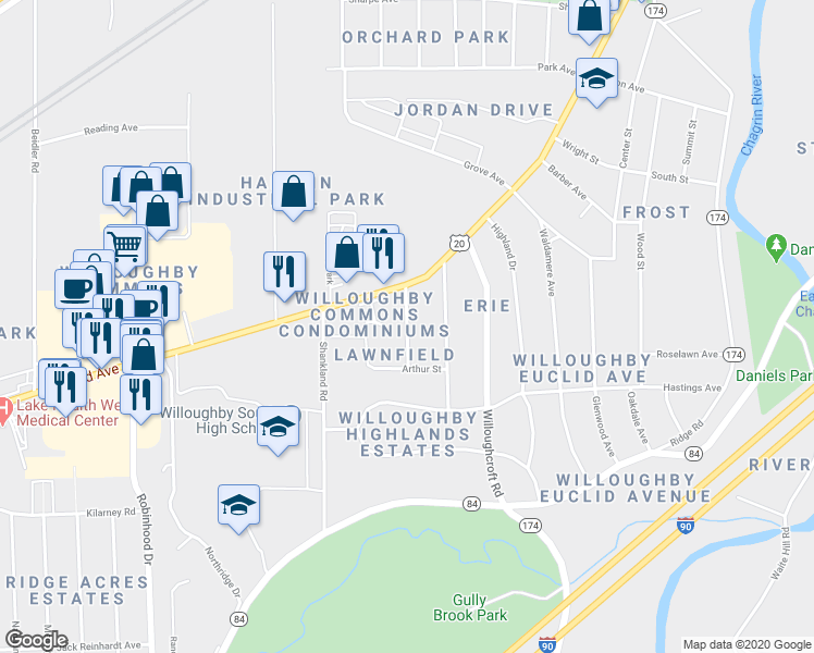 map of restaurants, bars, coffee shops, grocery stores, and more near 4751 Eldo Street in Willoughby