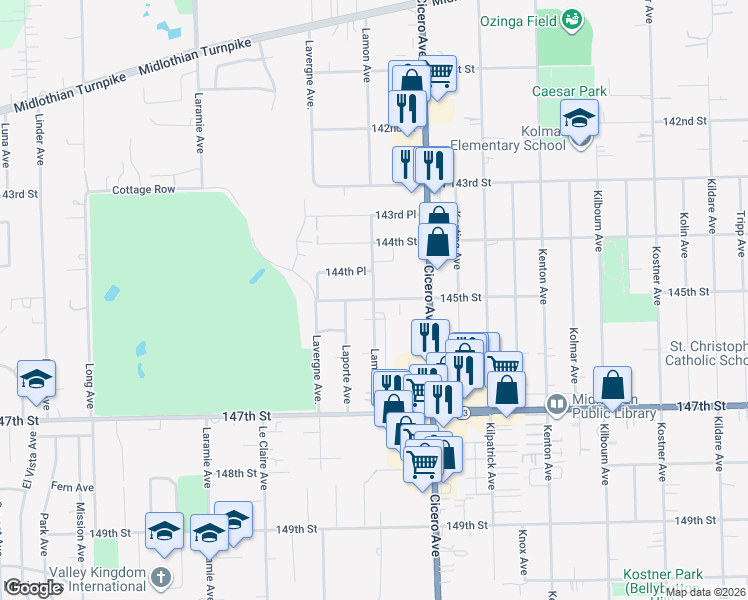 map of restaurants, bars, coffee shops, grocery stores, and more near 145th Street & Lamon Avenue in Midlothian