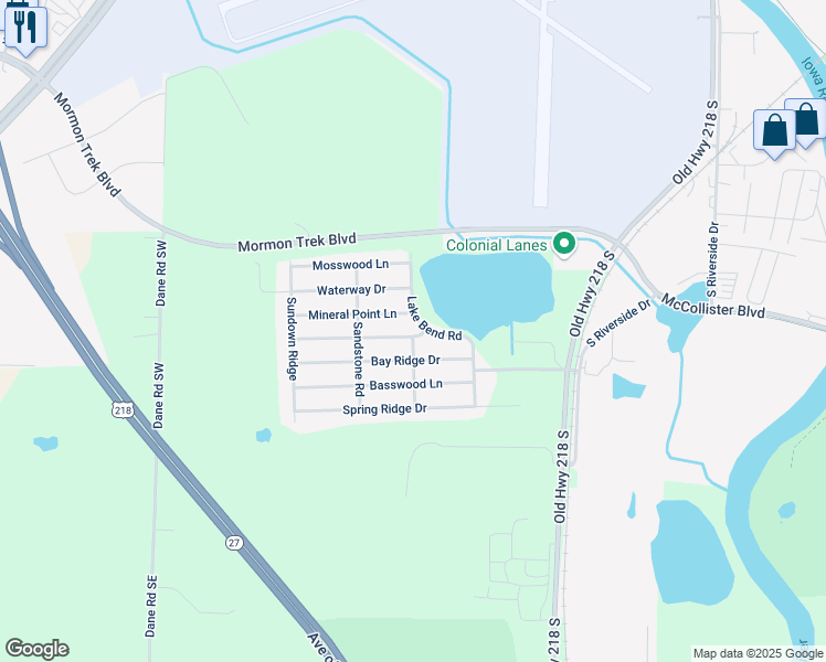 map of restaurants, bars, coffee shops, grocery stores, and more near Lake Bend Road in Iowa City