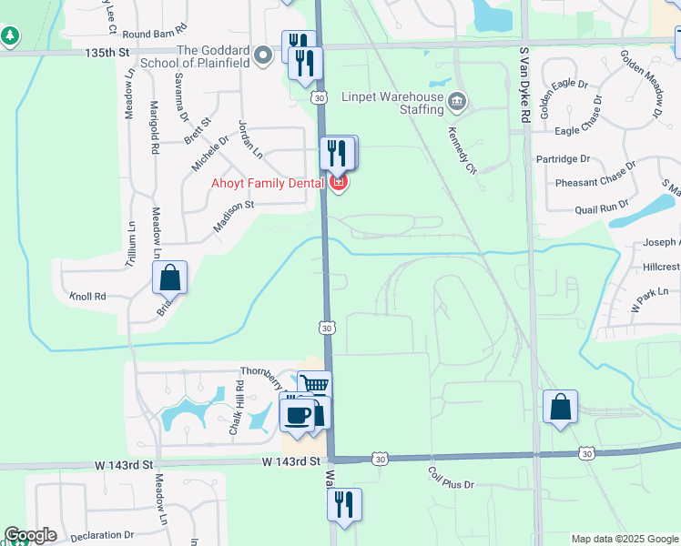 map of restaurants, bars, coffee shops, grocery stores, and more near 4583 Lincoln Highway in Plainfield