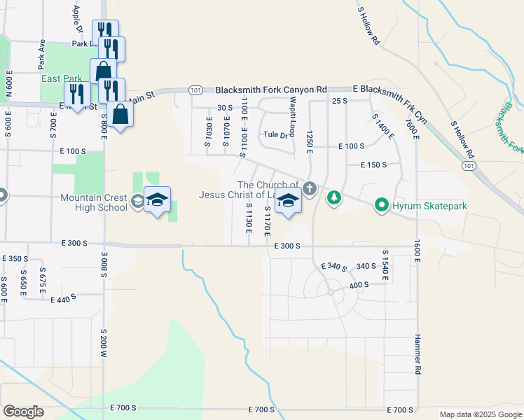 map of restaurants, bars, coffee shops, grocery stores, and more near 222 South 1170 East in Hyrum