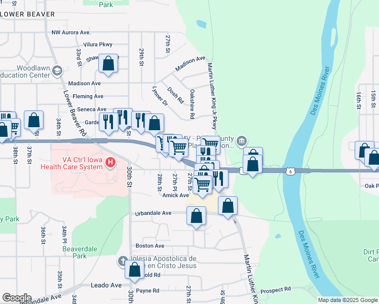map of restaurants, bars, coffee shops, grocery stores, and more near 2701 Douglas Avenue in Des Moines
