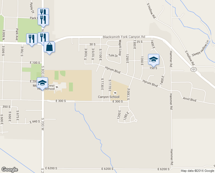 map of restaurants, bars, coffee shops, grocery stores, and more near 222 South 1170 East in Hyrum