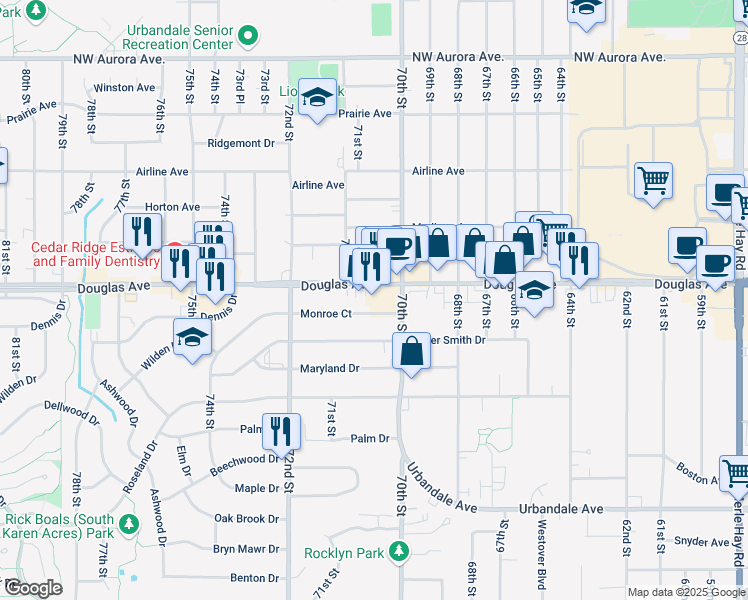 map of restaurants, bars, coffee shops, grocery stores, and more near 7031 Douglas Avenue in Urbandale