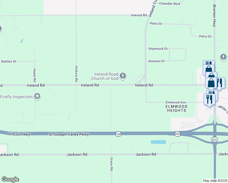 map of restaurants, bars, coffee shops, grocery stores, and more near 59589 Grass Road in Mishawaka