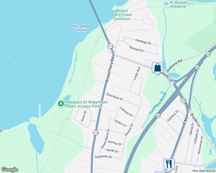 map of restaurants, bars, coffee shops, grocery stores, and more near 545 Bristol Ferry Road in Portsmouth