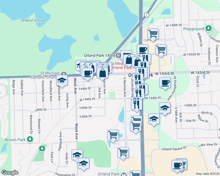 map of restaurants, bars, coffee shops, grocery stores, and more near 9744 Ravinia Lane in Orland Park