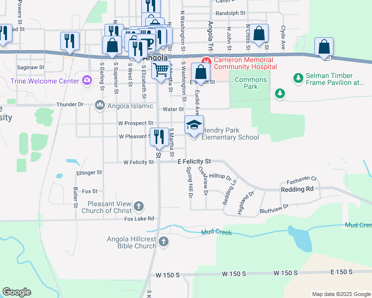 map of restaurants, bars, coffee shops, grocery stores, and more near 805 South Washington Street in Angola
